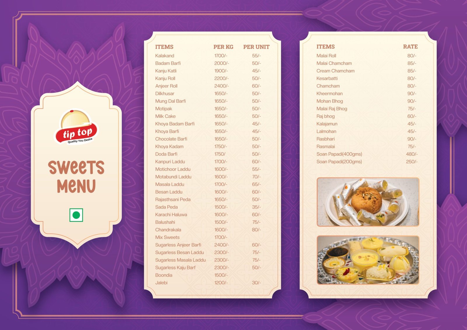 Sweets Option Menu Menus - tiptopsweets.com